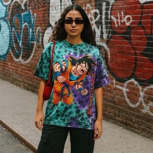 GOKU DRAGON BALL Z T-SHIRT Blue Purple Tie Dye Japanese Kanji Big Logo XL